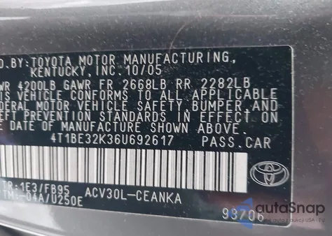 2006 Toyota Camry Le z USA, uszkodzony, nr VIN 4T1BE32K36U692617